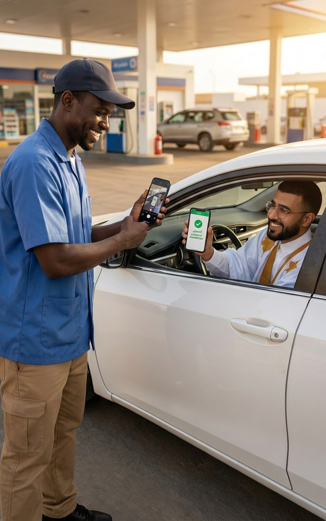 Pompiste vérifiant un paiement mobile